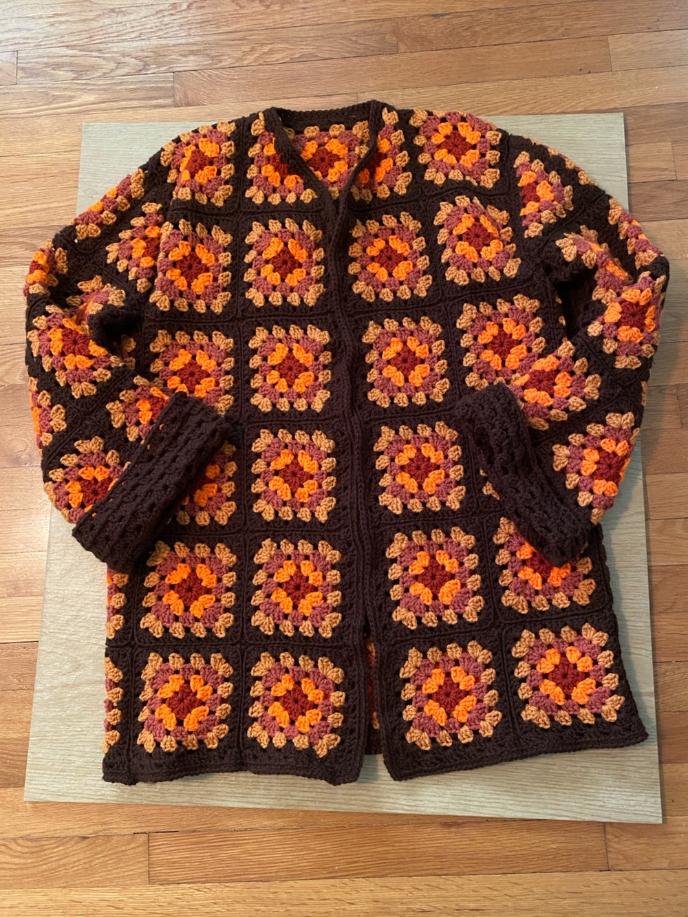 Handmade Brown Crochet Granny-Square Sweater Cardigan - Multicolor Accents Fall